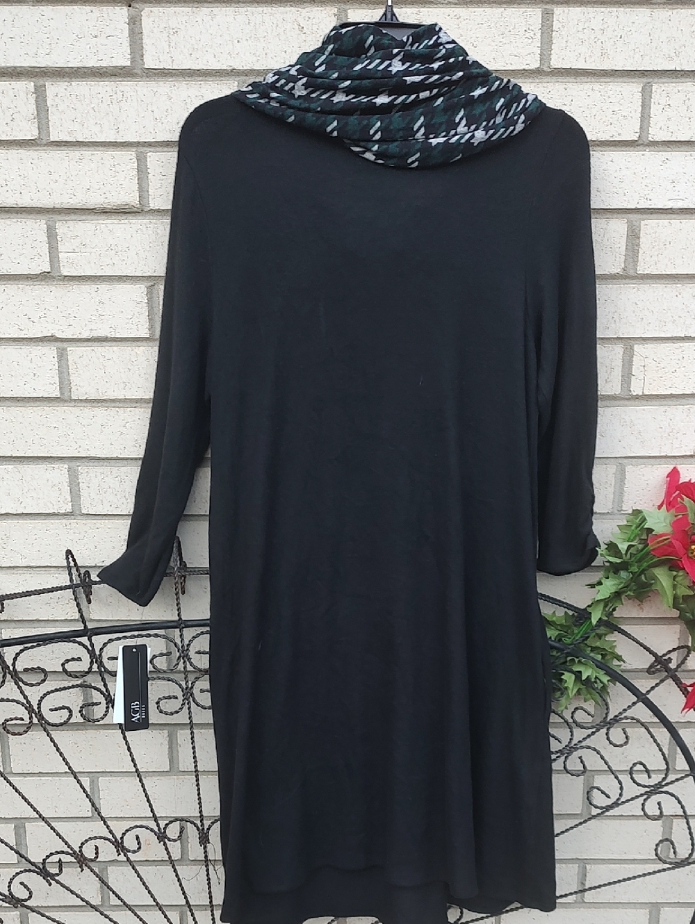 Black Knit Dress with Patterned Infinity Scarf - Picture 7 of 10